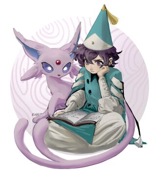 1girl agott_arklaum_(tongari_boushi_no_atelier) book cloak crossover espeon gen_2_pokemon hat hat_tassel highres long_sleeves nintendo pokemon purple_eyes purple_hair qifrey's_atelier_apprentice_uniform reading reverse_trap sara_(rinkibu) short_hair sitting solo tongari_boushi_no_atelier wizard_hat