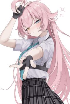 1girl ahoge blue_archive blue_necktie double_v fingerless_gloves from_side gloves halo heterochromia highres hoshino_(blue_archive) huge_ahoge long_hair looking_at_viewer necktie non_non427 pink_hair pink_halo plaid_clothes plaid_skirt school_uniform skirt solo sparkle tactical_school_uniform v white_background