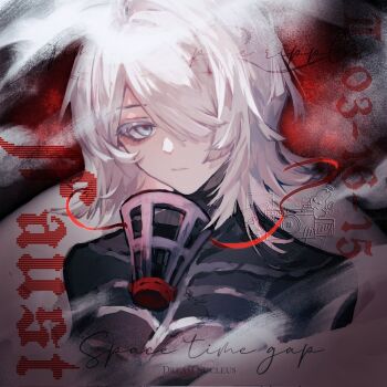 1girl black_bodysuit blue_eyes bodysuit closed_mouth commentary_request e.g.o_(project_moon) faust_(project_moon) hair_over_one_eye highres kishimen_hair limbus_company looking_at_viewer mask medium_hair project_moon red_ribbon respirator ribbon smoke solo thoracalgia_(e.g.o) white_hair yuemiao