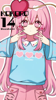 1girl alternate_costume blue_nails blue_sweater blush character_name circle closed_mouth clothes_writing collared_shirt contemporary cowboy_shot cross double_v expressionless hair_between_eyes hata_no_kokoro heart highres kyouda_suzuka long_hair long_sleeves looking_at_viewer mask mask_on_head nail_polish outline pink_background pink_eyes pink_hair pink_nails pocket shirt simple_background solo square standing star_(symbol) sweater symbol-shaped_pupils touhou twitter_username v white_outline wide_sleeves