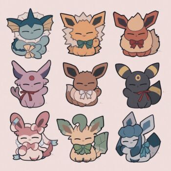 :&lt; :o animal_focus animal_hands black_fur blue_bow blue_fur bow brown_fur chibi closed_eyes eevee espeon facial_mark fins fish_tail flareon forehead_jewel forehead_mark full_body gen_1_pokemon gen_2_pokemon gen_4_pokemon gen_6_pokemon glaceon green_bow green_fur hashtag-only_commentary head_fins highres jolteon leaf leafeon looking_at_viewer neck_fur nintendo no_humans orange_fur pink_fur pokemon pokemon_(creature) pokemon_focus purple_fur red_bow red_ribbon ribbon rii_a sidelocks simple_background sitting spiked_tail sylveon tail umbreon vaporeon white_background white_bow white_fur yellow_bow yellow_fur