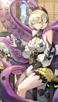 1girl absurdres asymmetrical_shorts bangboo_(zenless_zone_zero) bare_shoulders beret black_hat black_shorts blonde_hair blue_sky breasts button_gap cleavage closed_eyes closed_mouth cloud collarbone commentary cowboy_shot cowlick detached_sleeves english_commentary foxrain garter_straps hat high-waist_shorts highres large_breasts mole mole_under_mouth nose_bubble officer_cui_(zenless_zone_zero) on_railing outdoors railing shirt short_hair shorts single_garter_strap single_thighhigh sitting sky suction_cups tentacle_girl tentacle_tail tentacles thighhighs torn_clothes torn_thighhighs white_shirt yidhari_murphy zenless_zone_zero