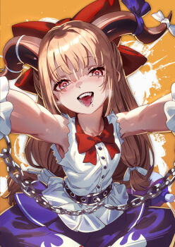 1girl :d belt blue_ribbon blue_skirt blush bow bowtie brown_hair brown_horns buttons chain commentary_request fangs hair_bow highres horn_ornament horn_ribbon horns ibuki_suika long_hair looking_at_viewer oni open_mouth orange_background reaching reaching_towards_viewer red_bow red_bowtie red_eyes ribbon shirt skirt sleeveless sleeveless_shirt smile solo star-shaped_pupils star_(symbol) symbol-shaped_pupils teeth torn_clothes torn_sleeves touhou u_u_zan very_long_hair white_shirt