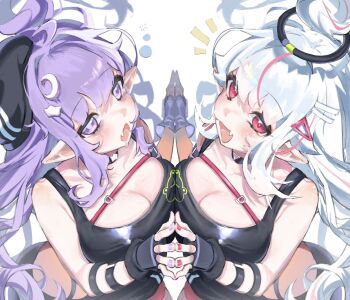 2girls ahoge bags_under_eyes beret black_choker black_hat black_tank_top breasts choker cleavage crescent crescent_hair_ornament eepy_sleepy eepy_sleepy_(sleepy_2.0) elf fingerless_gloves flickingmysnail gloves hair_ornament hat highres large_breasts long_hair multicolored_hair multiple_girls phase_connect pointy_ears purple_eyes purple_hair purple_nails red_eyes red_nails red_streaks saliva smile star_(symbol) star_hair_ornament streaked_hair tank_top white_hair