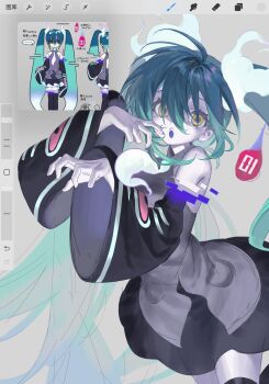 1girl :o aqua_hair art_program_in_frame bare_shoulders black_thighhighs detached_sleeves ghost ghost_miku_(project_voltage) glitch gradient_hair grey_shirt hair_between_eyes hatsune_miku highres kikishuiyin111 long_hair multicolored_hair nail_polish necktie nintendo open_mouth pale_skin pokemon procreate_(software) project_voltage reference_inset shirt skirt solo thighhighs twintails very_long_hair vocaloid will-o&#039;-the-wisp_(mythology) yellow_eyes