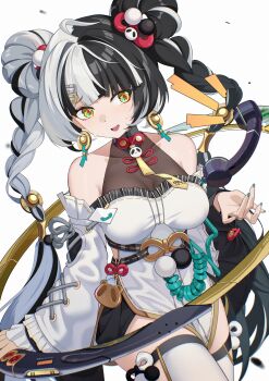 Rule 34 | 1girl, absurdres, aqua nails, bare shoulders, black hair, black shorts, braid, breasts, chinese commentary, commentary request, corded phone, cowboy shot, detached sleeves, dialyn (zenless zone zero), dress, earrings, fingernails, highres, jewelry, large breasts, long hair, multicolored hair, muzhucunmuzhucun, nail polish, nervous smile, open mouth, phone, short shorts, shorts, simple background, smile, solo, sweatdrop, thighs, twin braids, two-tone hair, white background, white dress, white hair, yellow eyes, zenless zone zero