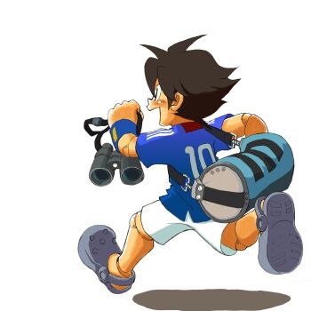 alternate_costume binoculars brown_hair crocs cyber full_body mecha mega_man_(character) mega_man_(series) robot shorts simple_background white_background wristband