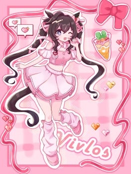 1girl animal_ears blue_eyes blush breasts brown_hair carrot character_name clothing_cutout commentary_request crepe cropped_shirt ear_covers food full_body hair_between_eyes hat heart highres horse_ears horse_girl horse_tail layered_skirt long_hair looking_at_viewer loose_socks meni_shuki_rush-sshu! midriff mole mole_under_eye multicolored_hair one_eye_closed open_mouth pink_hat pink_ribbon pink_shirt pink_shoes pink_skirt pink_socks ribbon shirt shoes shoulder_cutout single_ear_cover skirt small_breasts smile socks solo spoken_heart streaked_hair tail twintails u_nyanpocoo_u umamusume vivlos_(umamusume)