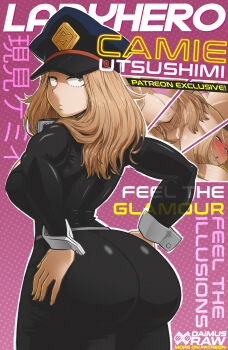 1girl artist_name ass black_bodysuit blonde_hair blush bodysuit boku_no_hero_academia brown_eyes character_name closed_mouth cover daimus_raw hand_on_own_ass huge_ass looking_back magazine_cover patreon_username skin_tight superhero_costume utsushimi_kemii watermark