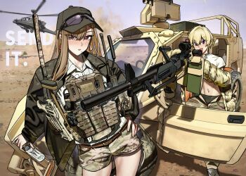 2girls absurdres ah-64_apache aircraft attack_helicopter baseball black_jacket black_panties blonde_hair blush camouflage camouflage_jacket camouflage_shorts car commentary commentary_request day desert earrings english_commentary english_text eyewear_on_headwear fang glasses grenade_launcher gun hand_on_own_hip helicopter highres jacket jewelry long_hair looking_at_viewer m240 m320 machine_gun military_vehicle mixed-language_commentary mole mole_under_mouth motor_vehicle multiple_girls navel off_shoulder open_clothes open_fly open_jacket original panties purple_eyes shirt short_hair short_shorts shorts skin_fang tactical_clothes underwear utsuda weapon white_shirt