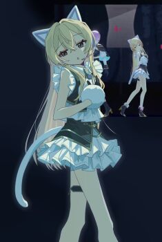 1girl animal_ear_headphones animal_ears black_background black_gloves blonde_hair cat_ear_headphones cat_ears cat_tail commentary_request cropped_jacket eda_(eeeee_da) fake_animal_ears frills gloves glowing headphones headset highres ienaga_mugi long_hair nijisanji nijisanji_idol_uniform pom_pom_(clothes) reference_inset skirt sleeveless sleeveless_jacket solo tail thigh_strap virtual_youtuber white_skirt