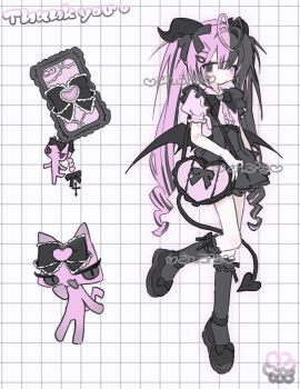 1girl ahoge am314 bag black_bow black_eyes black_hair black_shoes black_skirt black_socks bow cat cellphone cellphone_charm charm_(object) commentary_request commission demon_girl demon_horns demon_tail frown full_body grid_background hair_bow heart-shaped_bag heterochromia highres horns kneehighs leg_up looking_at_viewer multicolored_hair original phone pink_eyes pink_hair pink_shirt sample_watermark shirt shoes short_sleeves simple_background skeb_commission skirt socks solo split-color_hair tail watermark white_background