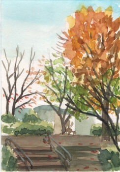 absurdres apartment autumn autumn_leaves bare_tree blue_sky building bush cloud fumeshi highres landscape leaf no_humans original outdoors park railing scenery sky stairs tree