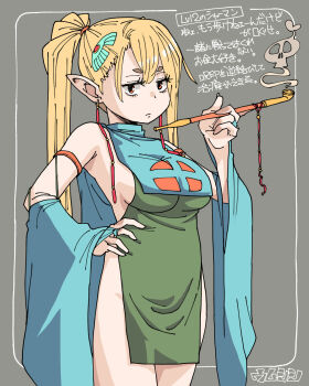 Rule 34 | 1girl, arm strap, blonde hair, breasts, earrings, elf, grey background, hair ornament, hand on own hip, highres, holding, holding smoking pipe, jewelry, medium breasts, mixed-language commentary, no panties, original, pointy ears, ponytail, smoke, smoking pipe, solo, standing, umsisi
