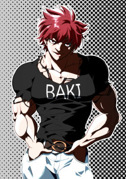Rule 34 | 1boy, absurdres, belt, black shirt, cleavage cutout, clothing cutout, damaged, denim, grappler baki, hanma baki, highres, jeans, looking at viewer, male focus, muscular, muscular arms, muscular male, pants, pectorals, pocket, red eyes, red hair, shaded face, shirt, short hair, solo, threatening