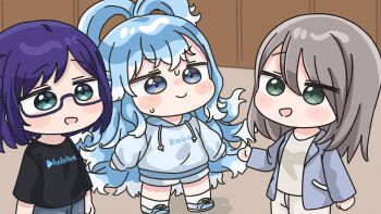 3girls :d a-chan_(hololive) black-framed_eyewear black_shirt blue_eyes blue_hair blue_jacket blue_shoes blue_shorts character_request chibi closed_mouth clothes_writing copyright_name drawstring glasses green_eyes grey_hair grey_hoodie grey_shirt hololive hololive_indonesia hood hood_down hoodie indoors jacket kobo_kanaeru long_hair long_sleeves mochimiko multicolored_hair multiple_girls open_clothes open_jacket open_mouth pants puffy_long_sleeves puffy_sleeves purple_hair semi-rimless_eyewear shirt shoes short_sleeves shorts sleeves_past_wrists smile socks standing sweat two-tone_hair under-rim_eyewear v-shaped_eyebrows very_long_hair virtual_youtuber white_hair white_pants white_socks