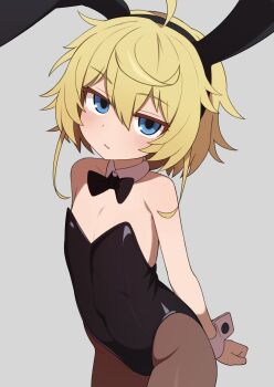 1girl animal_ears arms_behind_back black_bow black_bowtie black_hairband black_leotard blonde_hair blue_eyes bow bowtie brown_pantyhose commentary cowboy_shot detached_collar english_commentary expressionless fake_animal_ears flat_chest grey_background hair_between_eyes hairband highres jitome leotard loli looking_at_viewer mikoscrub oversized_breast_cup pantyhose playboy_bunny rabbit_ears short_hair simple_background solo tanya_degurechaff traditional_bowtie white_wrist_cuffs wrist_cuffs youjo_senki