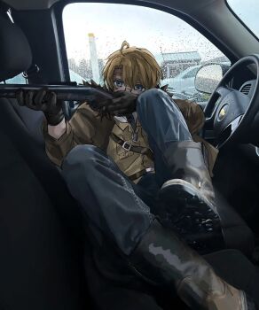 Rule 34 | 1boy, ahoge, america (hetalia), axis powers hetalia, black gloves, blue eyes, boots, brown hair, brown jacket, car interior, commentary, condensation, day, denim, glasses, gloves, glue fungus, gun, highres, holding, holding weapon, jacket, jeans, long sleeves, male focus, open clothes, open jacket, pants, photo background, shirt, sitting, steering wheel, weapon