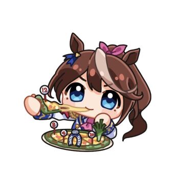 >:) 1girl animal_ears ascot blush_stickers brown_hair cheese cheese_trail closed_mouth commentary_request cropped_torso food hair_ribbon holding holding_food horse_ears jacket long_hair long_sleeves mochiusasa mole mole_under_eye multicolored_hair pink_ascot pink_ribbon pizza pizza_slice plate ponytail ribbon simple_background smile solo streaked_hair tokai_teio_(peak_joy)_(umamusume) tokai_teio_(umamusume) umamusume upper_body v-shaped_eyebrows white_background white_jacket