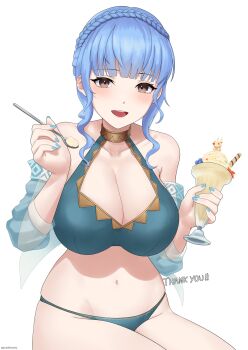 1girl :d absurdres bare_arms bare_shoulders bikini blue_bikini blue_hair braid breasts brown_eyes cleavage collarbone commentary commission crown_braid english_commentary fire_emblem fire_emblem:_three_houses fire_emblem_heroes food gototo_touma highres holding holding_food holding_ice_cream holding_spoon ice_cream large_breasts looking_at_viewer marianne_von_edmund marianne_von_edmund_(summer) navel nintendo official_alternate_costume open_mouth simple_background skindentation smile solo spoon stomach swimsuit thick_thighs thighs white_background