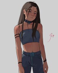1girl absurdres avatar:_the_last_airbender avatar_legends black_hairband casual choker contemporary hairband highres katara long_hair looking_at_viewer palmors strapless toon_(style) tube_top