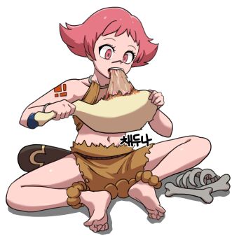1girl anklet barefoot blood bone brown_shirt brown_shorts cavewoman eating eyelashes food full_body gigobyte350 highres holding holding_food jewelry maylene_(pokemon) meat navel nintendo pink_eyes pink_hair pokemon pokemon_dppt shirt short_hair shorts sitting solo teeth toes upper_teeth_only white_background