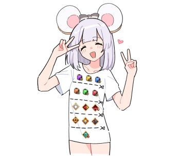 Rule 34 | 1girl, animal ears, blush, cowboy shot, double v, facing viewer, fake animal ears, flat chest, gameplay mechanics, granblue fantasy, grey hair, hands up, heart, highres, lyrinne, medium hair, mouse ears, no pants, open mouth, shirt, short sleeves, simple background, smile, solo, standing, twitter cutting game, v, vikala (granblue fantasy), white background, white shirt