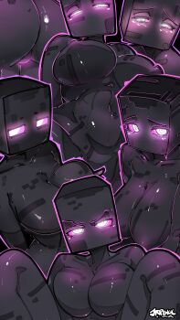 1girl absurdres artist_name black_skin breasts collarbone colored_sclera colored_skin commentary enderman english_commentary grabbing_own_breast highres jrpencil large_breasts looking_at_viewer minecraft multiple_views no_mouth no_nipples outline purple_outline purple_sclera square_head white_eyes