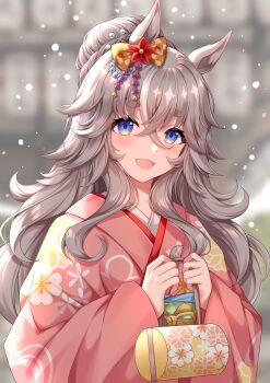 1girl absurdres animal_ears blush bow commentary_request crossed_bangs ear_bow ear_ornament floral_print floral_print_kimono grey_hair hair_bun highres horse_ears horse_girl japanese_clothes kimono long_hair looking_at_viewer multicolored_hair open_mouth pink_kimono print_kimono sachiko_nya short_eyebrows single_hair_bun smile solo streaked_hair thick_eyebrows umamusume upper_body white_streaks wide_sleeves wonder_acute_(umamusume)