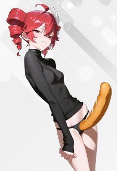 1girl :3 absurdres ahoge arms_at_sides artist_name baguette black_panties black_sweater blush bread breasts closed_mouth commentary contrapposto cowboy_shot dildo drill_hair english_commentary eyelashes food from_side grey_background groin hair_between_eyes hair_ribbon highres hip_bones improvised_dildo kasane_teto kasane_teto_(sv) light_blush long_sleeves looking_at_viewer looking_to_the_side narrowed_eyes naughty_face no_pants otokakoto panties petite red_eyes red_hair ribbon sex_toy skinny sleeves_past_wrists small_breasts smile smug solo standing strap-on sweater synthesizer_v turtleneck turtleneck_sweater twin_drills underwear utau white_ribbon