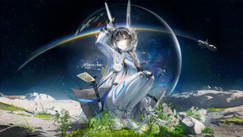 1girl alien amiya_(arknights) amiya_(guard)_(arknights) amiya_(guard)_(touch_the_stars)_(arknights) arknights black_hair blue_eyes flower hand_up helmet highres long_hair on_grass plumw rainbow sky solo space_helmet squatting star_(sky) starry_sky