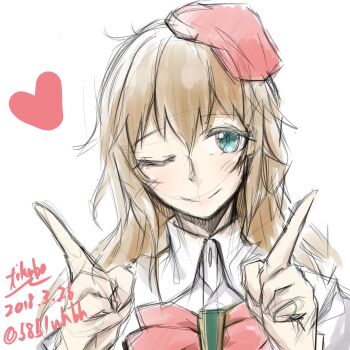 1girl 2018 ;) amane_yuki beret blue_eyes blush brown_hair cheat_bow commentary_request cosplay dated dress_shirt hat heart highres index_fingers_raised long_hair looking_at_viewer one_eye_closed science_adventure shirt simple_background smile solo steins;gate steins;gate_0 upper_body white_background yakku