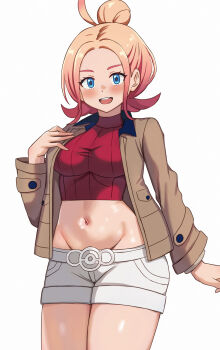 1girl absurdres ahoge blue_eyes breasts brown_coat coat hair_bun highres looking_at_viewer medium_breasts midriff navel nintendo nootomo open_clothes open_coat open_mouth orange_hair pokemon pokemon_legends:_z-a red_sweater shorts simple_background single_hair_bun smile solo sweater taunie_(pokemon) teeth upper_teeth_only white_background white_shorts