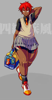 1girl arm_behind_head bad_id bad_pixiv_id bag bag_charm bike_shorts bike_shorts_under_skirt black_shirt blush character_name charm_(object) collared_shirt commentary_request dark-skinned_female dark_skin duffel_bag female_focus flat_chest full_body grey_background looking_at_viewer mikoyan miniskirt muchigaku necktie orange_eyes orange_neckwear plaid_clothes plaid_skirt pleated_skirt red_hair school_uniform shiori_hayate shirt shoes short_hair short_sleeves shorts shorts_under_skirt simple_background skirt smile sneakers socks solo standing stuffed_animal stuffed_toy sweater_vest teddy_bear text_background thick_thighs thighs translated two-tone_background walking wide_hips
