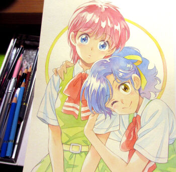 2girls agahari belt belt_buckle blue_eyes blue_hair bow bowtie buckle closed_mouth commentary_request dress green_dress hair_ribbon hand_on_another&#039;s_arm hand_on_another&#039;s_shoulder high_school!_kimengumi kawa_yui leaning_forward leaning_on_person looking_at_viewer multiple_girls one_eye_closed painting_(medium) photo_(medium) pinafore_dress pink_hair ponytail red_bow red_bowtie ribbon school_uniform shirt short_hair short_sleeves sleeveless sleeveless_dress smile standing traditional_media uru_chie white_shirt yellow_belt yellow_eyes yellow_ribbon