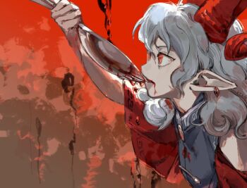 1girl bare_shoulders blood blood_on_clothes blue_shirt detached_sleeves drinking_blood earrings highres holding holding_spork horns jewelry kaigen_1025 meandros oversized_object pointy_ears red_eyes red_horns red_sleeves sheep_horns shirt spork touhou toutetsu_yuuma white_hair