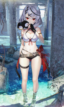 1girl arm_behind_back belt bikini black_belt black_gloves black_hair bow braid breasts cleavage commentary_request concrete eye_mask fingerless_gloves full_body gloves hair_ornament highres holding holding_mask hololive looking_at_viewer mask medium_breasts medium_hair mismatched_bikini multicolored_hair navel pillar plaid_bow rebar red_eyes sakamata_chloe scottie_(phantom2) silver_hair solo stomach streaked_hair swimsuit thigh_strap thighs virtual_youtuber wading water x_hair_ornament