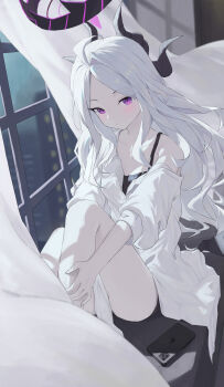 Rule 34 | 1girl, absurdres, ass, black camisole, black horns, blue archive, blush, camisole, cellphone, closed mouth, collared shirt, demon horns, futaba nori, grey hair, halo, highres, hina (blue archive), horns, long hair, looking at viewer, multiple horns, parted bangs, phone, purple eyes, shirt, smartphone, solo, very long hair, white shirt