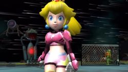 1girl 3d absurdres animated armor ass ass_shake blonde_hair blue_eyes breasts donkey_kong_(series) hand_on_own_hip highres kremling laughing looking_back mario_(series) mario_strikers_(series) mario_strikers_charged medium_breasts midriff modeling navel nintendo open_mouth pink_lips pink_shorts ponytail princess_peach shorts smile soccer_uniform sound sportswear thighhighs video walking