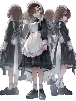 5girls absurdres alternate_costume apron black_footwear black_skirt breasts brown_eyes brown_hair clone ebora enmaided expressionless female_focus full_body highres japanese_clothes looking_at_viewer maid maid_apron maid_headdress mechanization misaka_imouto multiple_girls parted_bangs short_hair siblings side-by-side simple_background sisters skirt small_breasts socks standing toaru_kagaku_no_railgun toaru_kagaku_no_railgun_s toaru_majutsu_no_index wa_maid white_background white_socks winding_key