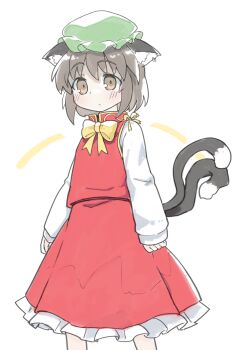Rule 34 | 1girl, absurdres, animal ear fluff, animal ear piercing, animal ears, bow, bowtie, brown eyes, brown hair, cat ears, cat tail, chen, commentary request, dress, expressionless, feet out of frame, gold trim, hat, highres, jewelry, kibisake, mob cap, multiple tails, nekomata, red dress, short hair, simple background, solo, tail, touhou, two tails, white background, yellow bow, yellow bowtie