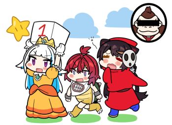 1boy 3girls :d =_= ange_katrina animal_ears arms_up bandana bandana_around_neck bar_censor blue_boots blue_eyes blue_hair blunt_bangs blush_stickers boots bowser_jr. bowser_jr._(cosplay) brown_hair brown_tail censored censored_identity chibi chibi_only clawed_boots cloud colored_inner_hair commentary_request cosplay crown dice dog_ears dog_girl dog_tail donkey_kong dress fang gloves gold_crown hair_intakes hand_up heterochromia holding holding_dice inui_toko lize_helesta long_dress long_hair looking_ahead low_twintails mario_(series) mario_party mask mask_on_head medium_hair mitsumine_(ookami_no_oyashiro) multicolored_eyes multicolored_hair multiple_girls nijisanji nintendo no_pupils not_present open_mouth orange_dress princess_daisy princess_daisy_(cosplay) print_bandana puffy_short_sleeves puffy_sleeves purple_eyes red_dress red_hair sanbaka_(nijisanji) short_sleeves shy_guy shy_guy_(cosplay) simple_background smile squeans super_star_(mario) tail topknot turtle_shell twintails two-tone_eyes two-tone_hair very_long_hair virtual_youtuber walking white_background white_bandana white_gloves white_hair wristband yawning yellow_boots