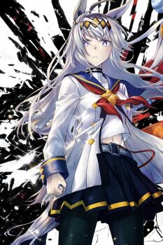 1girl absurdres ahoge animal_ears black_choker black_pantyhose black_skirt blue_eyes blue_sailor_collar breasts broken_glass choker cleaned closed_mouth collarbone colorized crown female_focus g-string glass grey_tail highres horse_ears horse_girl horse_tail kuzumi_taiyou long_hair long_sleeves looking_at_viewer manga_illustration manga_page midriff miniskirt navel neckerchief official_art oguri_cap_(starlight_beat)_(umamusume) oguri_cap_(umamusume) pantyhose pleated_skirt red_neckerchief sailor_collar school_uniform serafuku skirt small_breasts solo solo_focus stomach tail textless_version thong umamusume umamusume:_cinderella_gray white_serafuku