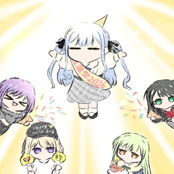 Rule 34 | > <, 5girls, absurdres, arms up, ave mujica (bang dream!), bang dream!, bang dream! it's mygo!!!!!, birthday cake, birthday sash, black hair, black hat, black ribbon, blonde hair, blue hair, cake, closed eyes, commentary request, confetti, flying, food, green eyes, green hair, grey shirt, grey skirt, hair ribbon, hand fan, hat, highres, jo8blhrvkta6duw, long hair, long sleeves, misumi uika, multiple girls, open mouth, paper fan, party hat, party popper, purple eyes, purple hair, red shirt, ribbon, shirt, short hair, skirt, togawa sakiko, translation request, two side up, uchiwa, wakaba mutsumi, white shirt, yahata umiri, yellow eyes, yuutenji nyamu