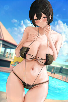 2girls 5boys absurdres areola_slip aruhi_(pyxk7325) bare_arms bikini black_hair blue_sky blush breasts brown_eyes cameltoe cleavage cloud commentary_request covered_erect_nipples day embarrassed female_pubic_hair green_bikini hair_between_eyes highres lens_flare looking_at_viewer multiple_boys multiple_girls navel nipples original outdoors pool pool_ladder pubic_hair short_hair sky solo_focus swimsuit thigh_gap