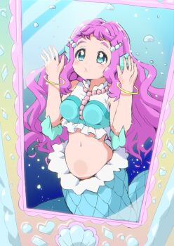 1girl bad_id bare_arms bare_shoulders blue_eyes blue_shirt blush bracelet breast_press breasts cropped_shirt frilled_shirt frills hair_ornament hands_up highres jewelry laura_la_mer_(mermaid) long_hair medium_breasts mermaid monster_girl navel necklace parted_lips pearl_necklace pink_hair precure scene_reference shirt short_bangs sleeveless sleeveless_shirt solo stomach submerged tropical-rouge!_precure wavy_hair yakizakana_(yakizakana10967)