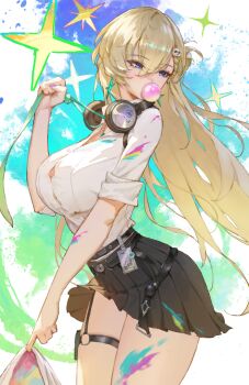 Rule 34 | 1girl, black skirt, blonde hair, blowing bubble gum, blue eyes, breasts, chewing gum, clothes grab, commentary, cowboy shot, earrings, fingernails, hair between eyes, headphones, headphones around neck, holding, id card, jewelry, large breasts, long hair, looking to the side, lynae (wuthering waves), nail polish, necktie, necktie grab, neckwear grab, purple nails, shirt, shirt tucked in, sib (9obsl), skirt, solo, star (symbol), star earrings, thighs, white shirt, wuthering waves