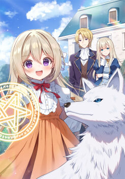 1boy 2girls :d animal black_pants blonde_hair blue_eyes blue_jacket blue_sky blush brown_hair brown_vest building closed_mouth cloud commentary_request copyright_request day dress grey_shirt grey_skirt hair_between_eyes hand_up jacket juliet_sleeves long_hair long_sleeves magic_circle mauve multiple_girls open_mouth orange_dress outdoors pants pleated_dress puffy_sleeves purple_eyes purple_jacket shirt skirt sky smile very_long_hair vest white_shirt window