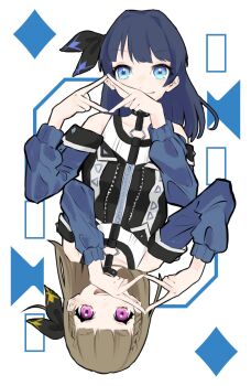 Rule 34 | 2girls, 5th live tour ~4pair power spread!!!!~, :d, ampere (love live!), armpit crease, bare shoulders, black shirt, blue coat, blue eyes, blue hair, braid, brown hair, center-flap bangs, coat, collarbone, commentary request, diamond hands, dollchestra, half updo, highres, kachimachi kosuzu, link! like! love live!, looking at viewer, love live!, multiple girls, murano sayaka, o-ring, off-shoulder coat, off shoulder, official alternate costume, open mouth, pink eyes, rotational symmetry, sankakull, shirt, side braids, sleeveless, sleeveless shirt, smile, teeth, upper teeth only, virtual youtuber