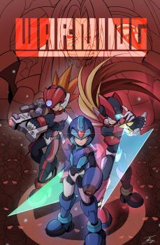 4boys absurdres arm_cannon armor axl_(mega_man) beard blonde_hair blue_eyes blue_headwear brown_hair closed_mouth commentary_request crop_top dark_elf_(mega_man) dr._weil_(mega_man) dual_wielding energy_sword english_text facial_hair floating_hair forehead_jewel green_eyes grin gun helmet highres holding holding_gun holding_sword holding_weapon long_hair male_focus medium_hair mega_man_(series) mega_man_x_(series) mega_man_zero_(series) mega_man_zero_3 multiple_boys omega_(mega_man) red_headwear serious shoyu-z signature smile smirk spiked_hair sword teeth weapon x_(mega_man) zero(z)_(mega_man) zero_(mega_man)